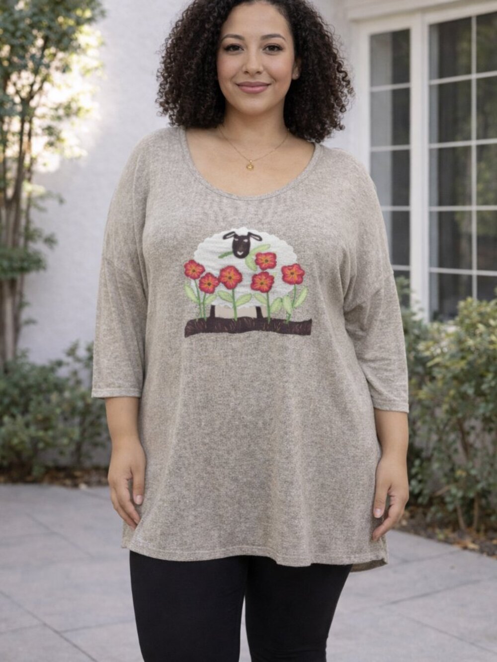 Cactus + Pearl Boho Tunic Sheep Floral Applique 3/4 Sleeve Soft Knit Top Tan XXL